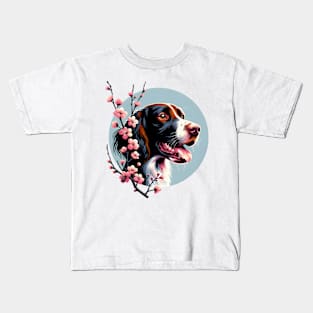 Small Munsterlander Pointer Enjoys Spring Cherry Blossoms Kids T-Shirt